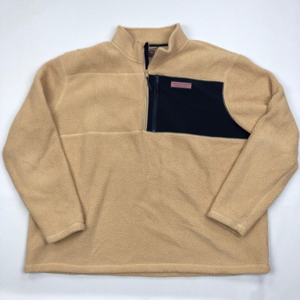Vineyard Vines Mens 3XB Sherpa Fleece Quarter Zip Pullover Tan Navy Blue Logo